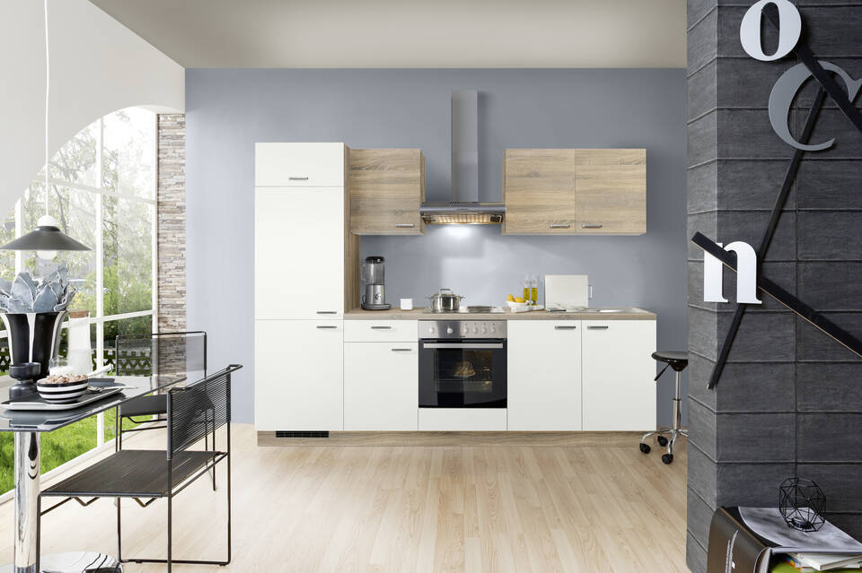 Express Küchenzeile mit Geräten in Weiß & Bergeiche: 270 cm, Spüle rechts | Singleküche "EXK280-16-1-r" / Bild 4