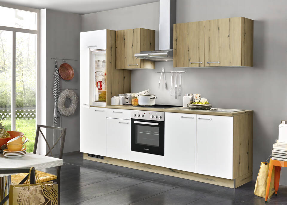 Express Küchenzeile mit Geräten in Weiß & Eiche astig: 270 cm, Spüle rechts | Singleküche "EXK280-31-1-r"