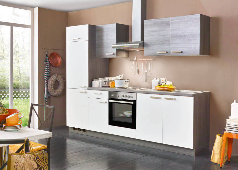 Express Küchenzeile mit Geräten in Weiß & Eiche grau: 270 cm, Spüle rechts | Singleküche "EXK280-15-1-r"