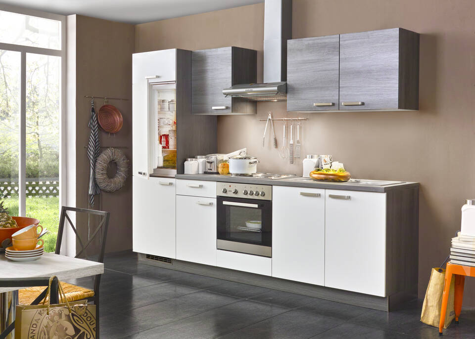 Express Küchenzeile mit Geräten in Weiß & Eiche grau: 270 cm, Spüle rechts | Singleküche "EXK280-15-1-r" / Bild 2