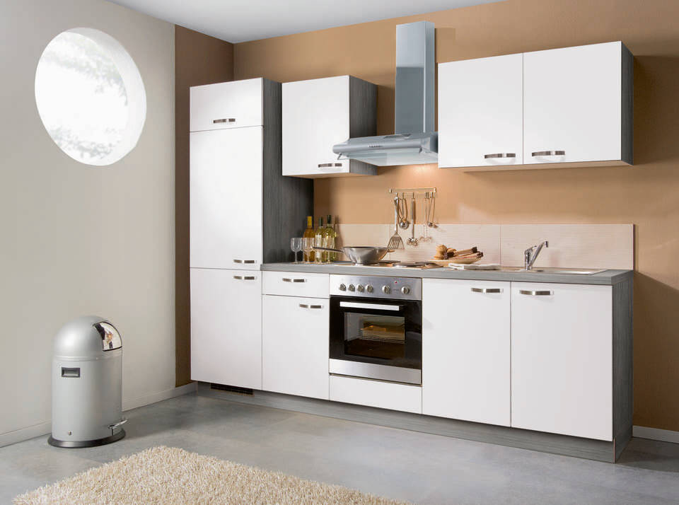 Express Küchenzeile mit Geräten in Weiß & Eiche grau: 270 cm, Spüle rechts | Singleküche "EXK280-1-1"