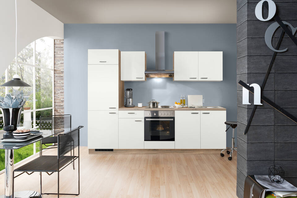 Express Küchenzeile mit Geräten in Weiß & Bergeiche: 270 cm, Spüle rechts | Singleküche "EXK280-2-1"