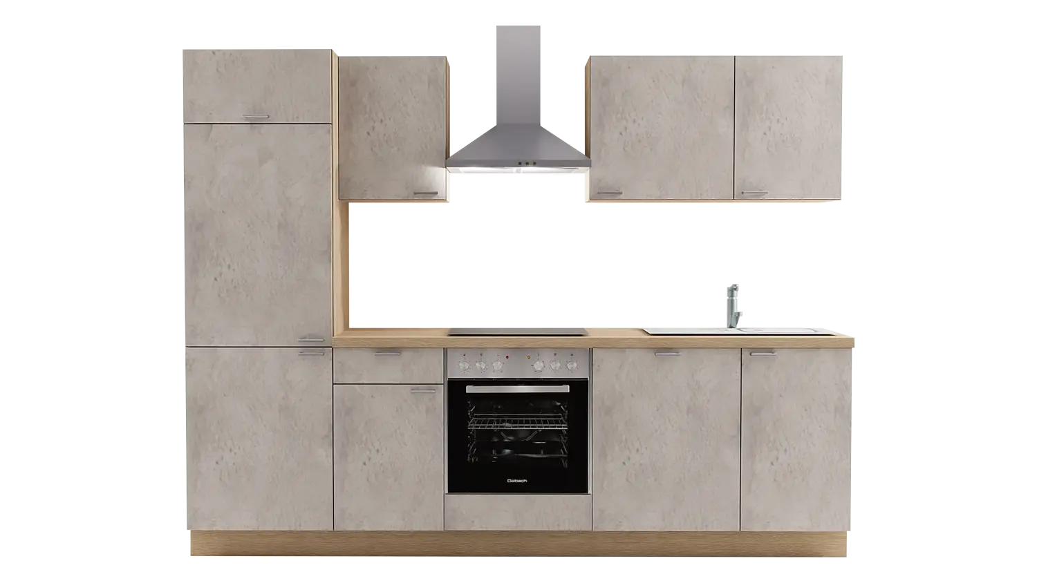 Express Küchenzeile mit Geräten in Beton hell & Wildeiche: 270 cm, Spüle rechts | Singleküche "EXK290-1-1-r"