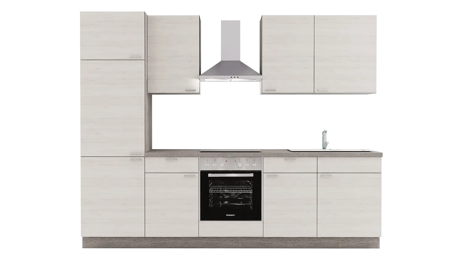 Express Küchenzeile mit Geräten in Eiche weiß & Eiche grau: 280 cm, Spüle rechts | Singleküche "EXK310-5-1-r"