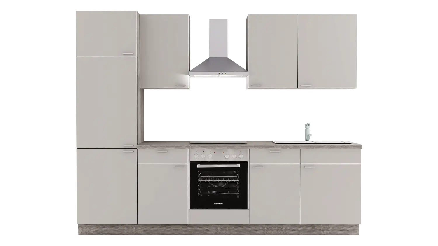 Express Küchenzeile mit Geräten in Hellgrau & Eiche grau: 280 cm, Spüle rechts | Singleküche "EXK310-3-1-r"