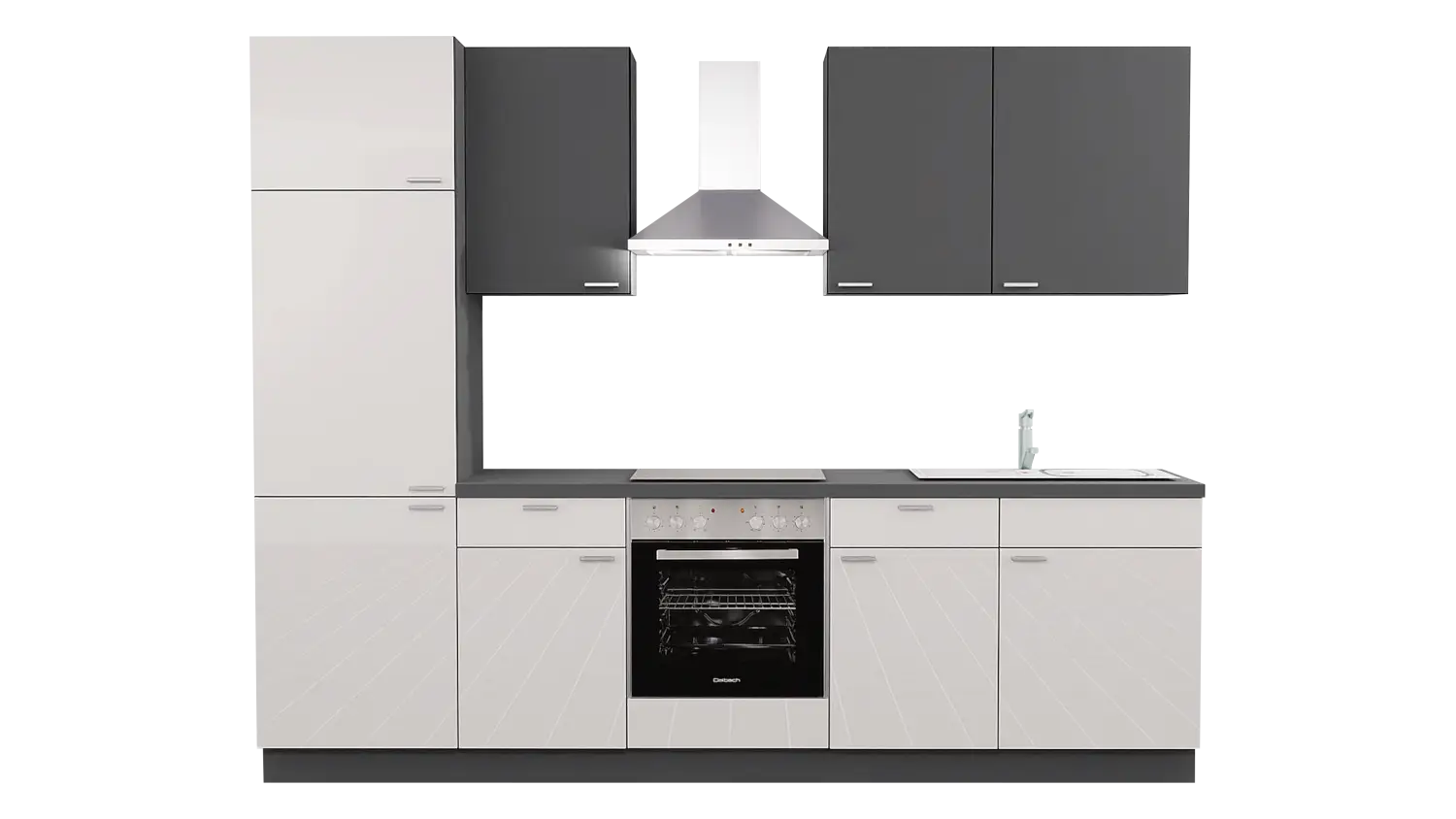 Express Küchenzeile mit Geräten in Weiß Hochglanz & Anthrazit: 280 cm, Spüle rechts | Singleküche "EXK310-7-1-r"