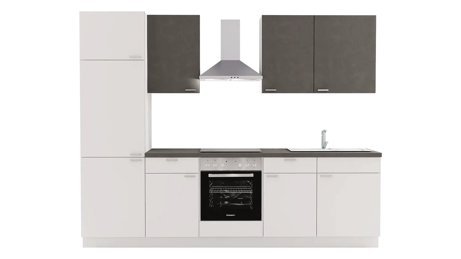 Express Küchenzeile mit Geräten in Weiß & Stahl dunkel: 280 cm, Spüle rechts | Singleküche "EXK310-2-1-r"