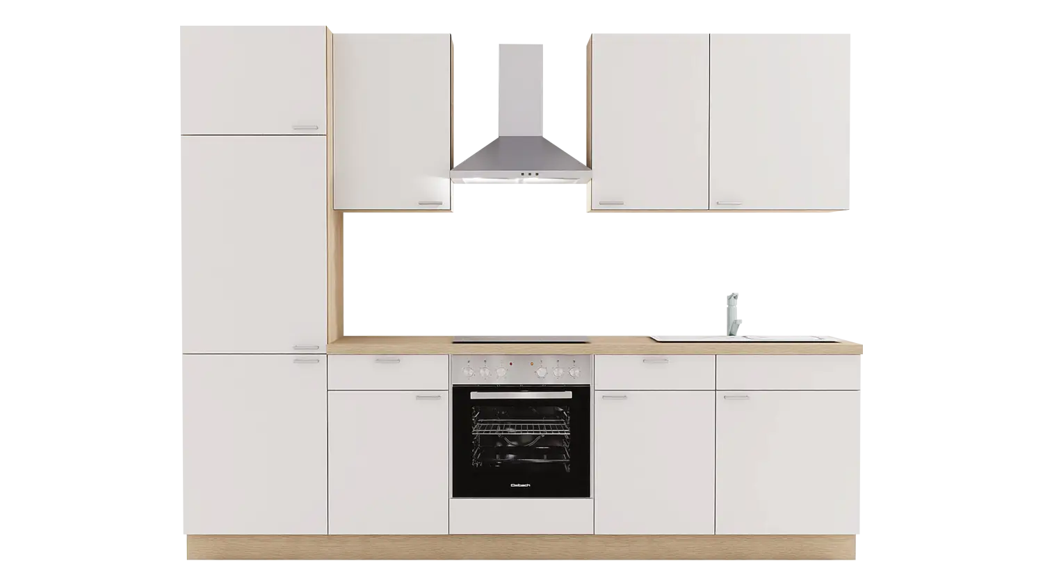 Express Küchenzeile mit Geräten in Weiß & Wildeiche: 280 cm, Spüle rechts | Singleküche "EXK310-1-1-r"