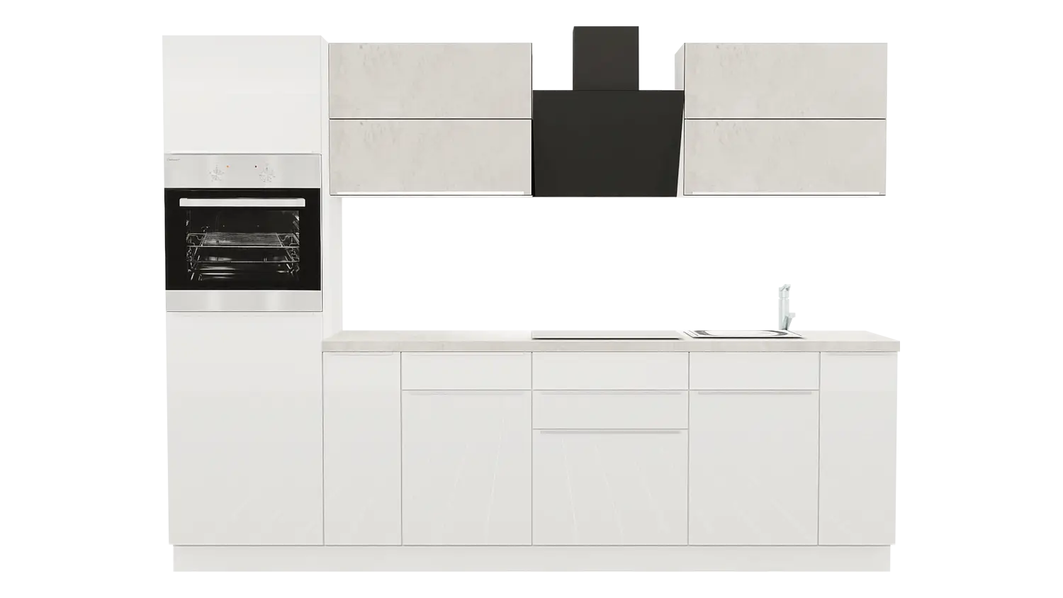 Express Küchenzeile mit Geräten in Weiß Hochglanz & Beton hell: 280 cm, Spüle rechts | Singleküche "EXK320-1-1-r"