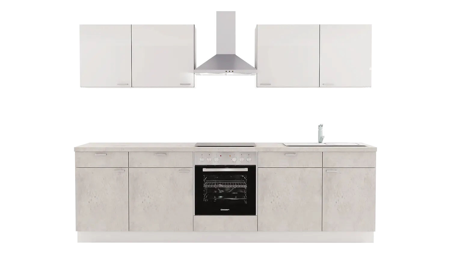 Express Küchenzeile mit Geräten in Beton hell & Weiß Hochglanz: 280 cm, Spüle rechts | Singleküche "EXK330-4-1-r"