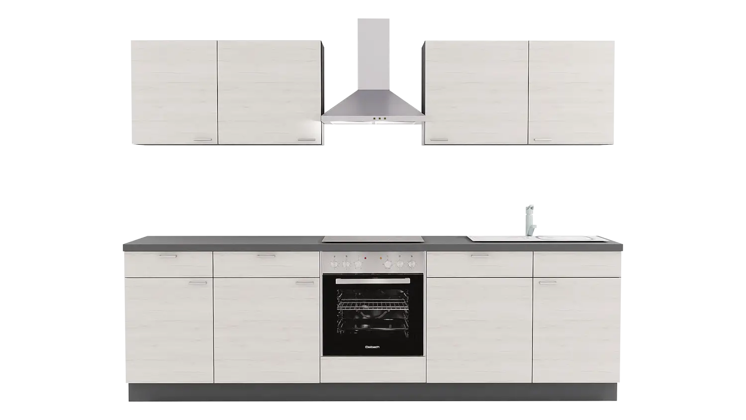 Express Küchenzeile mit Geräten in Eiche weiß & Anthrazit: 280 cm, Spüle rechts | Singleküche "EXK330-2-1-r"