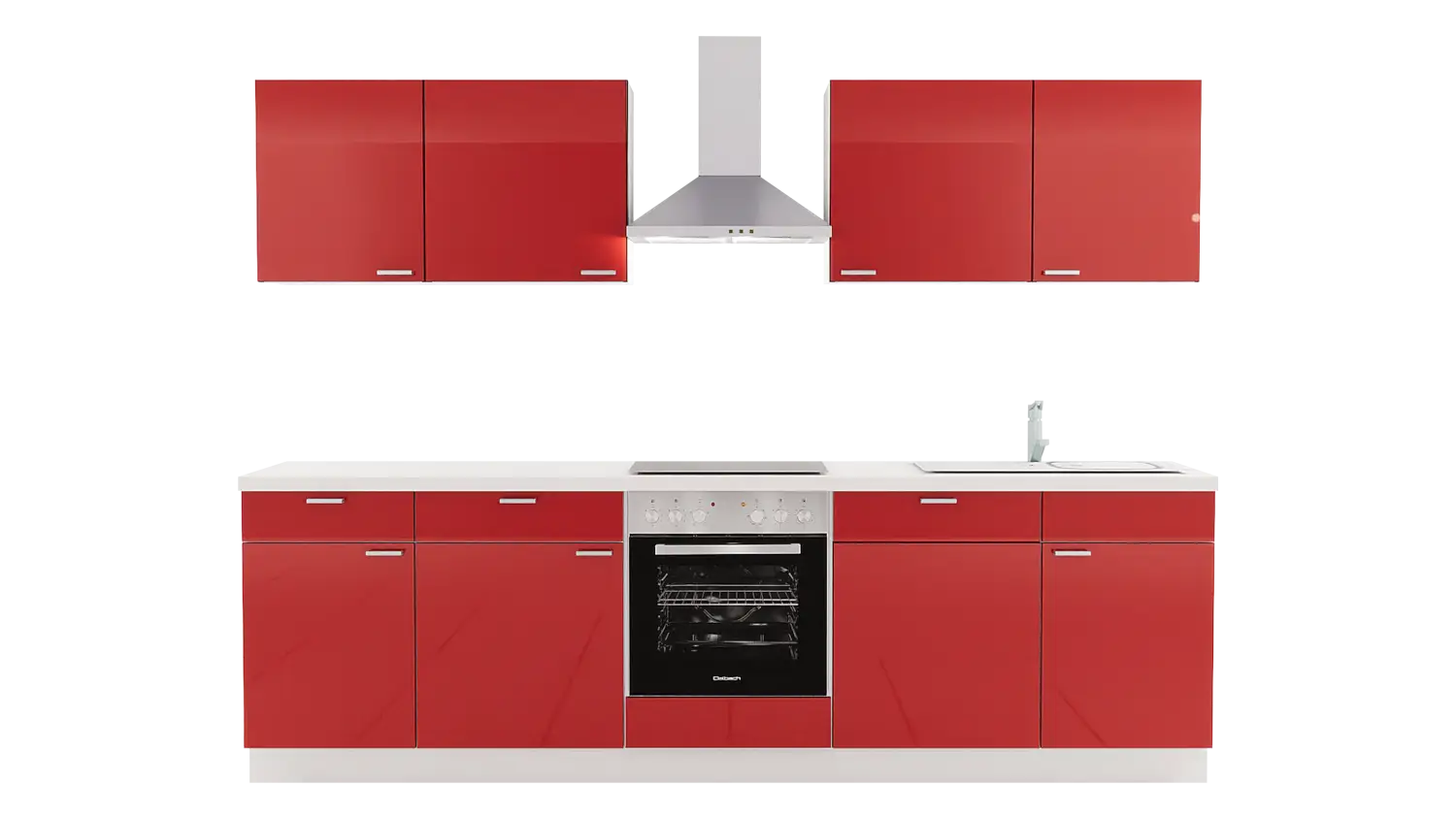 Express Küchenzeile mit Geräten in Marsrot Hochglanz & Weiß: 280 cm, Spüle rechts | Singleküche "EXK330-6-1-r"