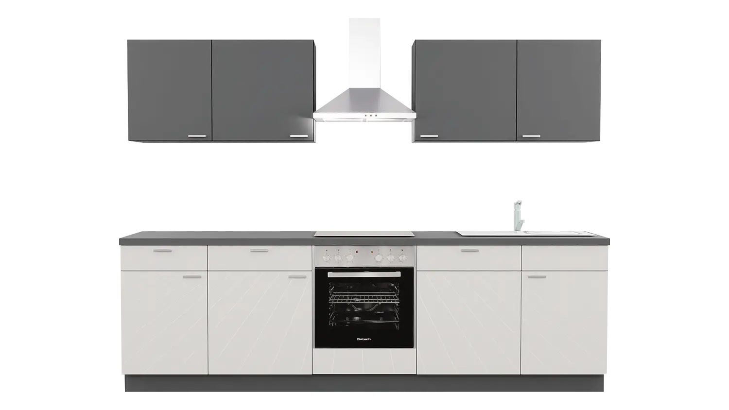 Express Küchenzeile mit Geräten in Weiß Hochglanz & Anthrazit: 280 cm, Spüle rechts | Singleküche "EXK330-5-1-r"