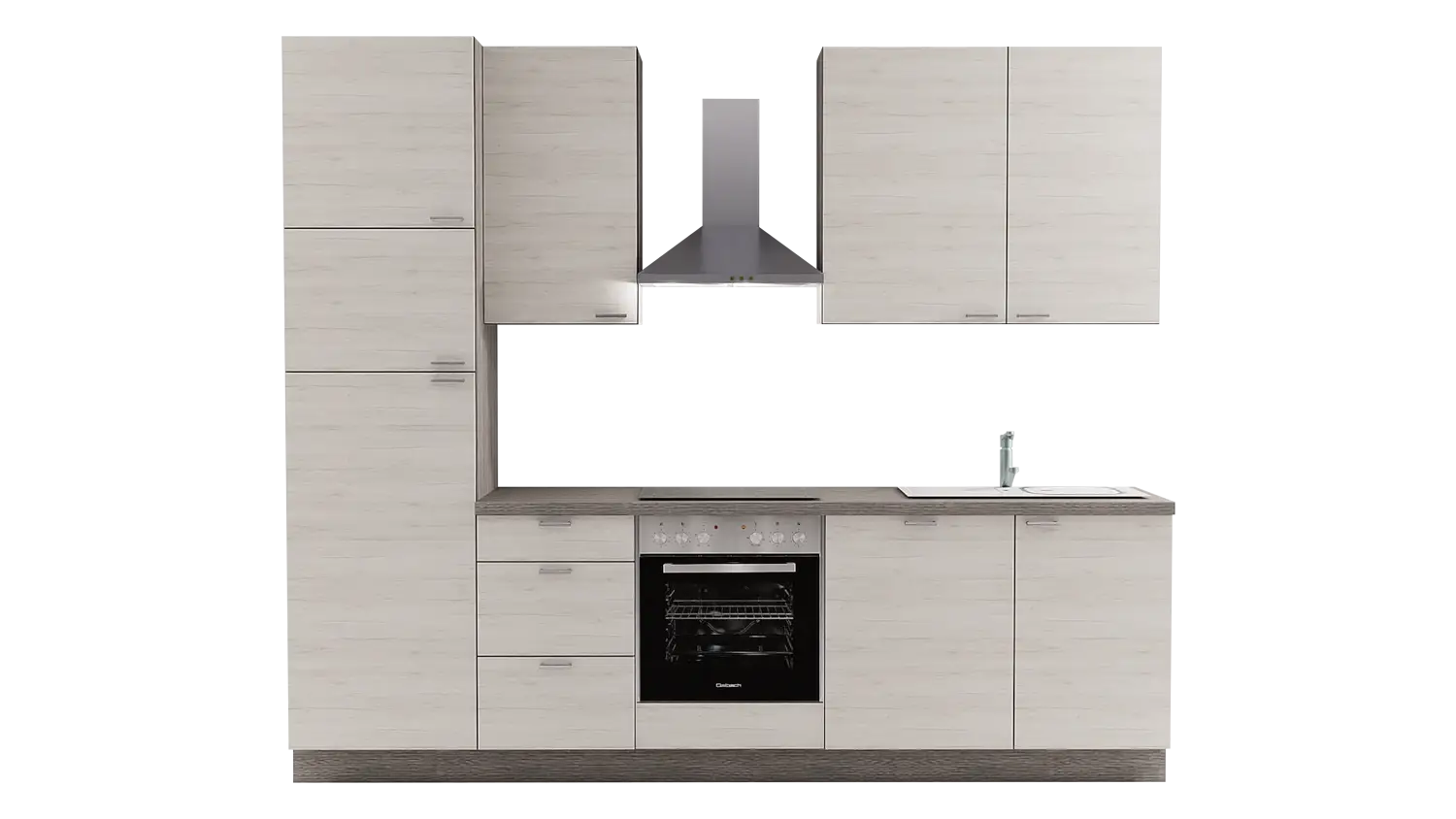 Express Küchenzeile mit Geräten in Eiche weiß & Eiche grau: 280 cm, Spüle rechts | Singleküche "EXK340-6-1-r"