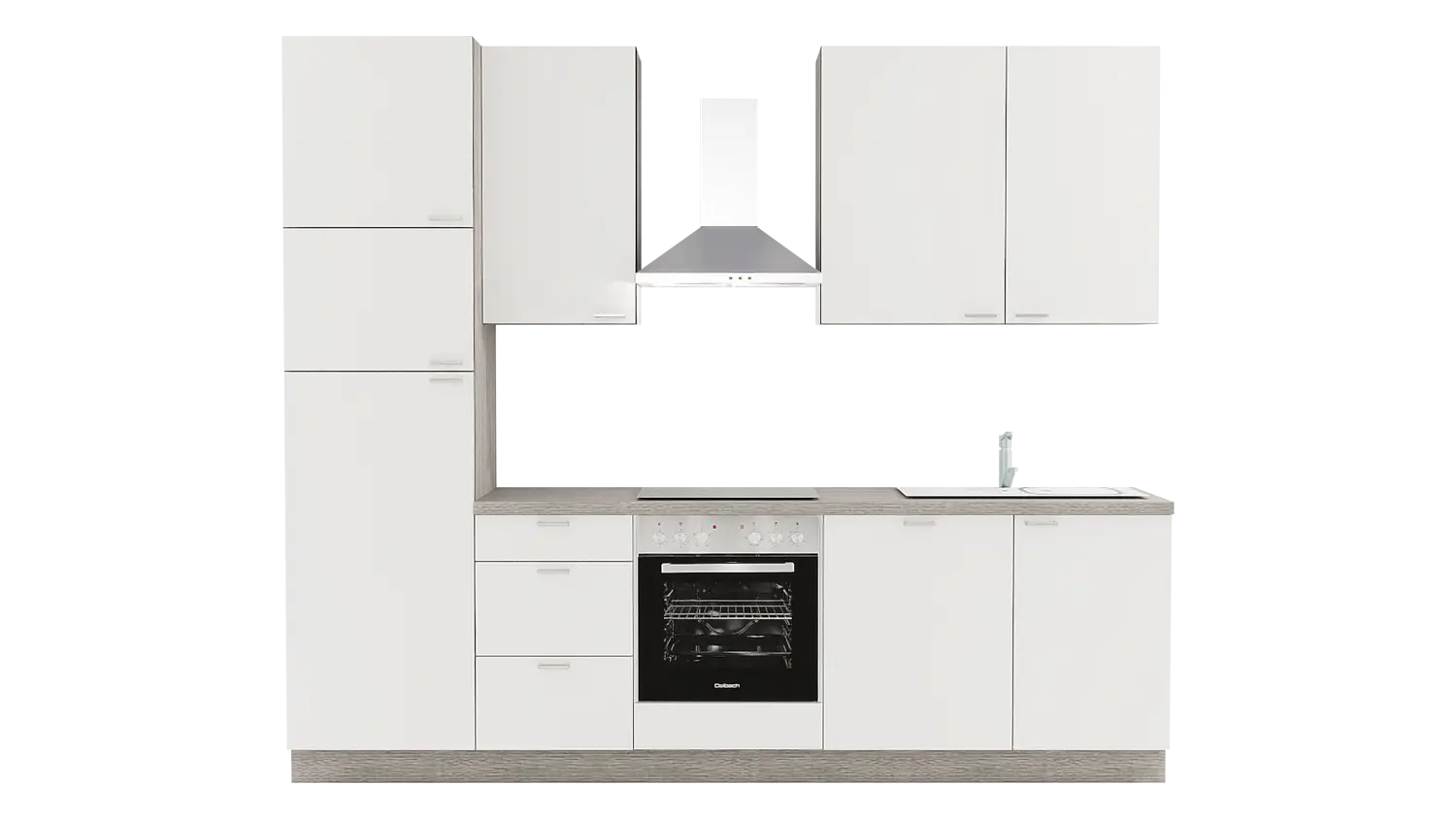 Express Küchenzeile mit Geräten in Weiß & Eiche grau: 280 cm, Spüle rechts | Singleküche "EXK340-1-1-r"