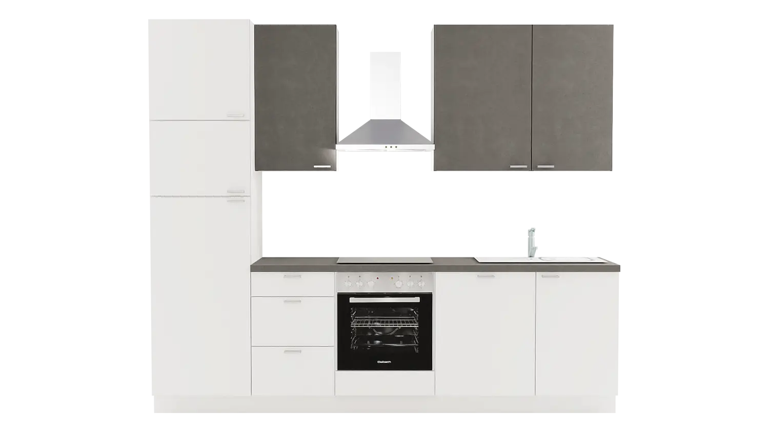 Express Küchenzeile mit Geräten in Weiß & Stahl dunkel: 280 cm, Spüle rechts | Singleküche "EXK340-10-1-r"
