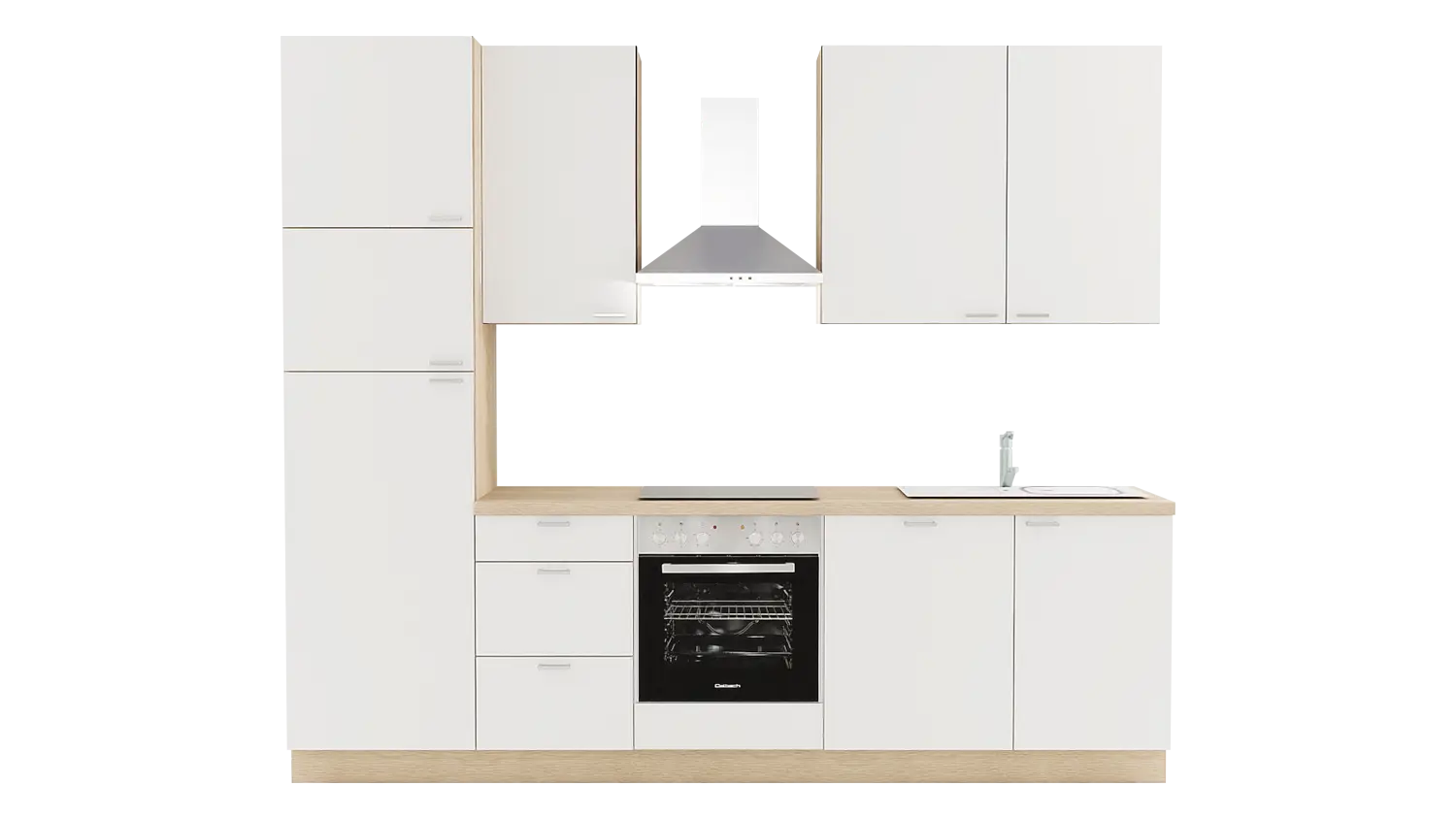 Express Küchenzeile mit Geräten in Weiß & Wildeiche: 280 cm, Spüle rechts | Singleküche "EXK340-2-1-r"
