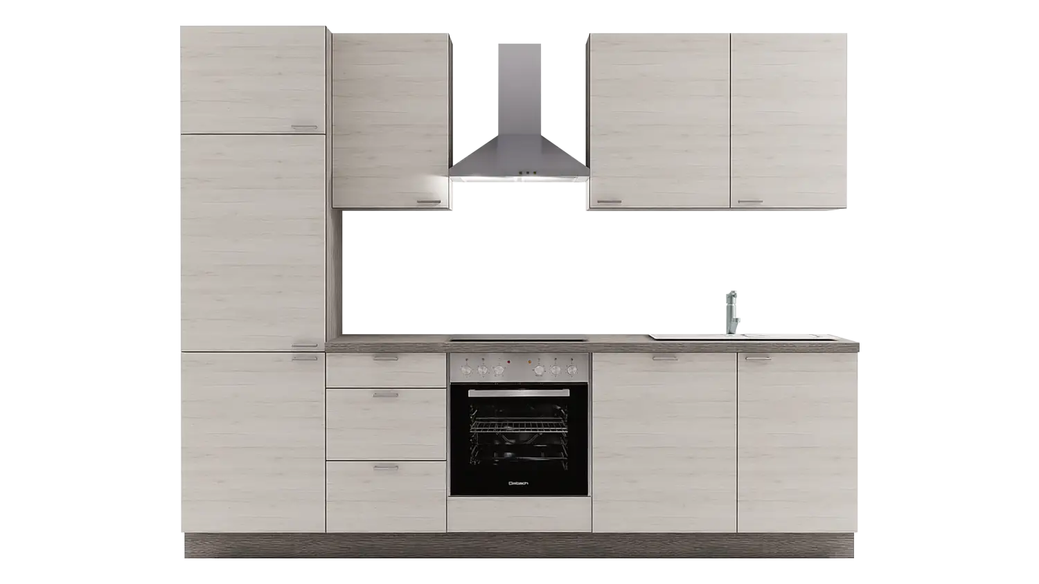 Express Küchenzeile mit Geräten in Eiche weiß & Eiche grau: 280 cm, Spüle rechts | Singleküche "EXK350-1-1-r"