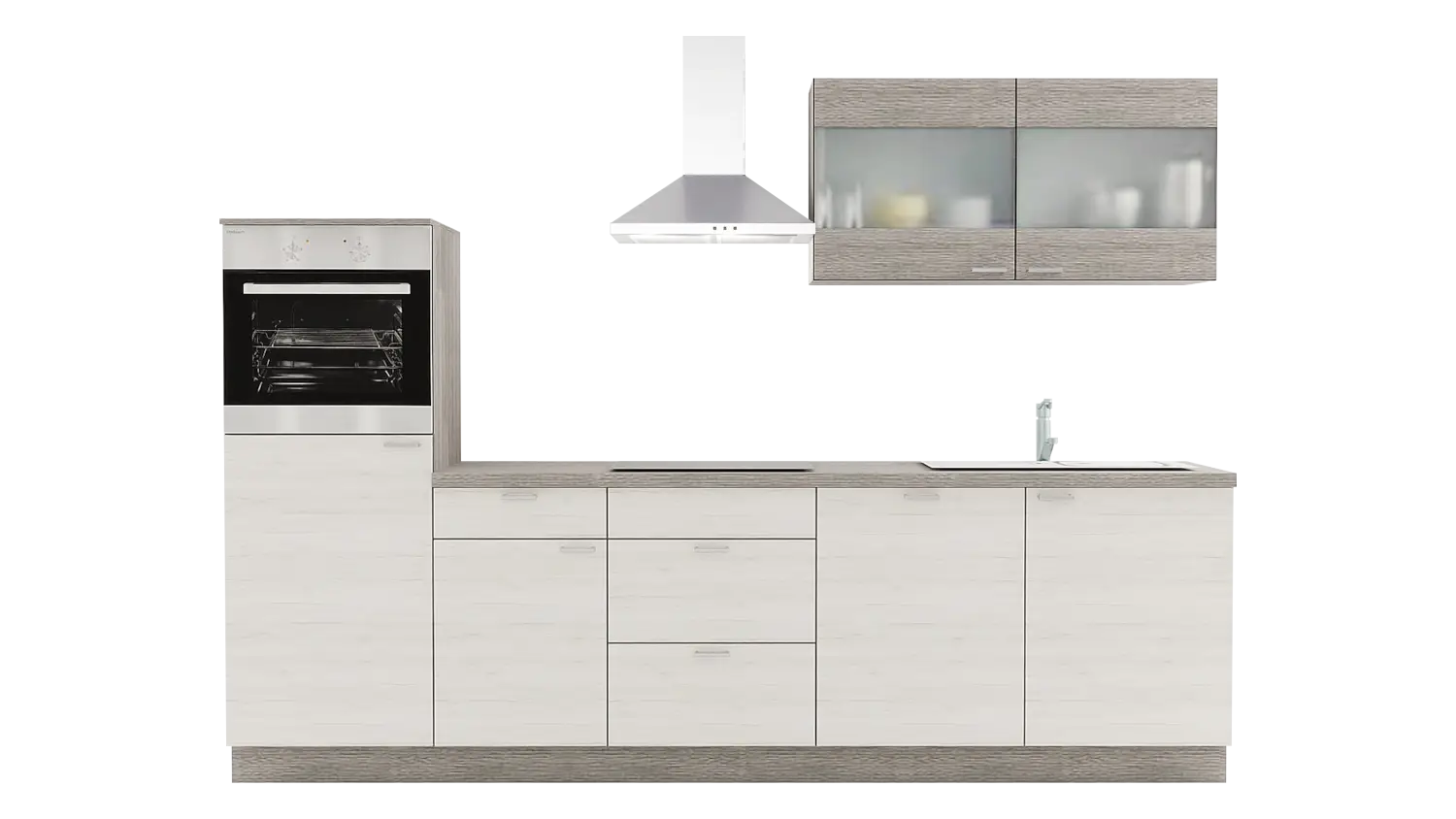 Express Küchenzeile mit Geräten in Eiche weiß & Eiche grau: 290 cm, Spüle rechts | Singleküche "EXK360-1-1-r"