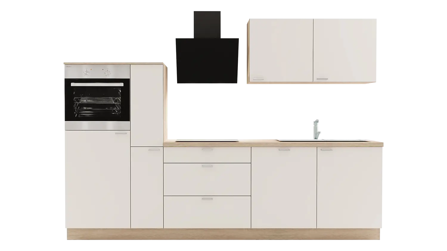 Express Küchenzeile mit Geräten in Magnolia & Bergeiche: 290 cm, Spüle rechts | Singleküche "EXK370-6-1-r"