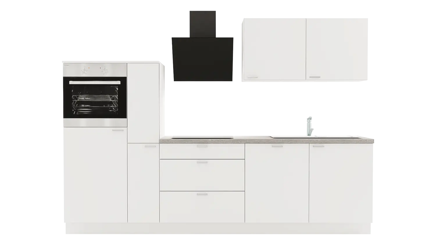 Express Küchenzeile mit Geräten in Weiß & Eiche grau: 290 cm, Spüle rechts | Singleküche "EXK370-1-1-r"