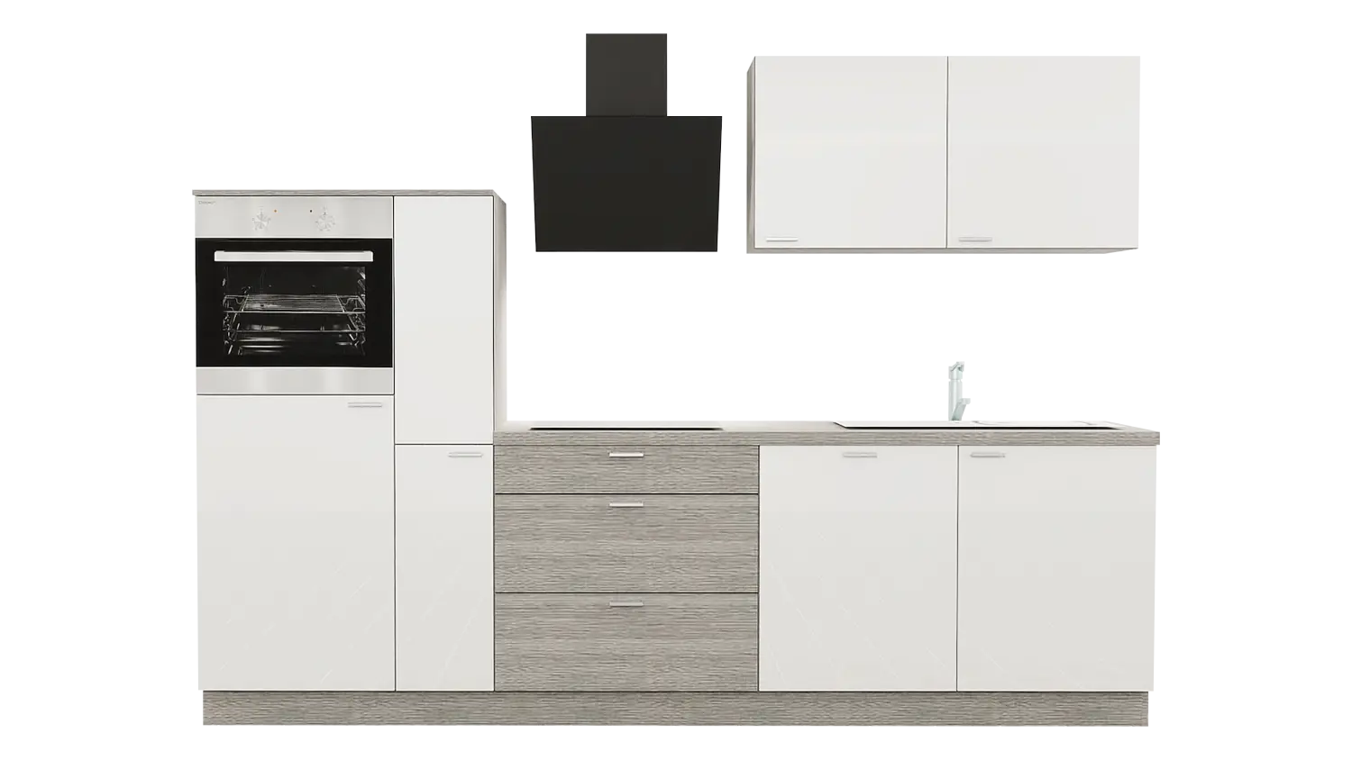 Express Küchenzeile mit Geräten in Weiß Hochglanz & Eiche grau: 290 cm, Spüle rechts | Singleküche "EXK370-7-1-r"