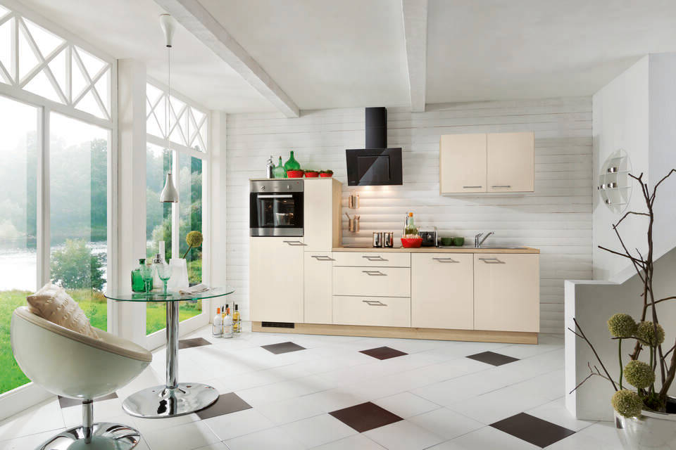Express Küchenzeile mit Geräten in Magnolia & Wildeiche: 290 cm, Spüle rechts | Singleküche "EXK370-4-1"
