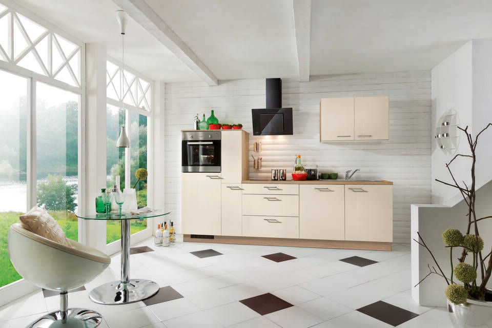 Express Küchenzeile mit Geräten in Magnolia & Bergeiche: 290 cm, Spüle rechts | Singleküche "EXK370-6-1"