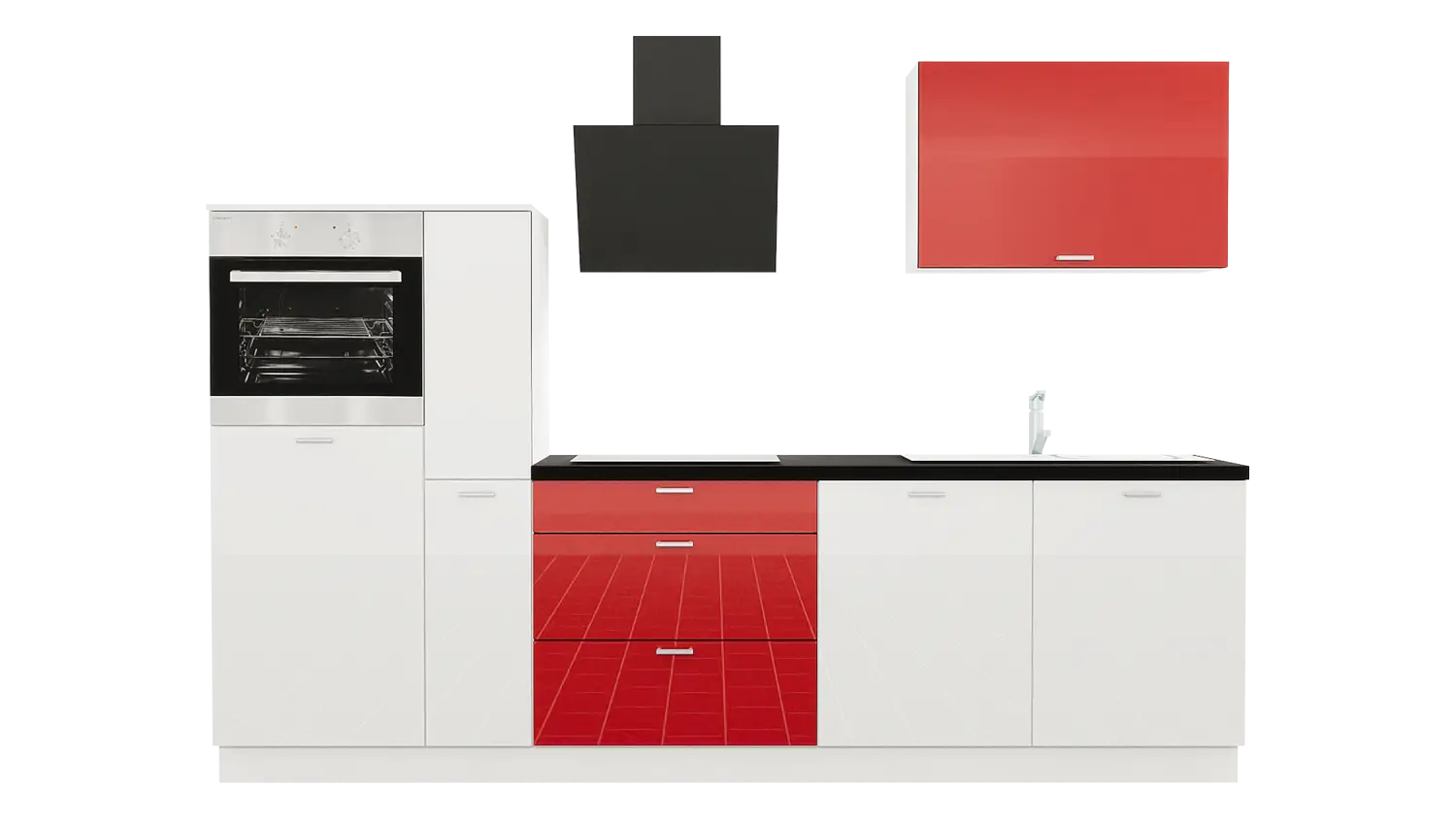 Express Küchenzeile mit Geräten in Weiß Hochglanz & Marsrot Hochglanz & Schwarz: 290 cm, Spüle rechts | Singleküche "EXK380-2-1-r"