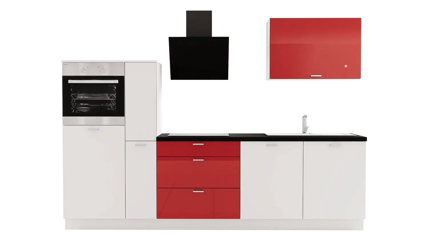 Express Küchenzeile mit Geräten in Weiß & Marsrot Hochglanz & Schwarz: 290 cm, Spüle rechts | Singleküche "EXK380-1-1-r"