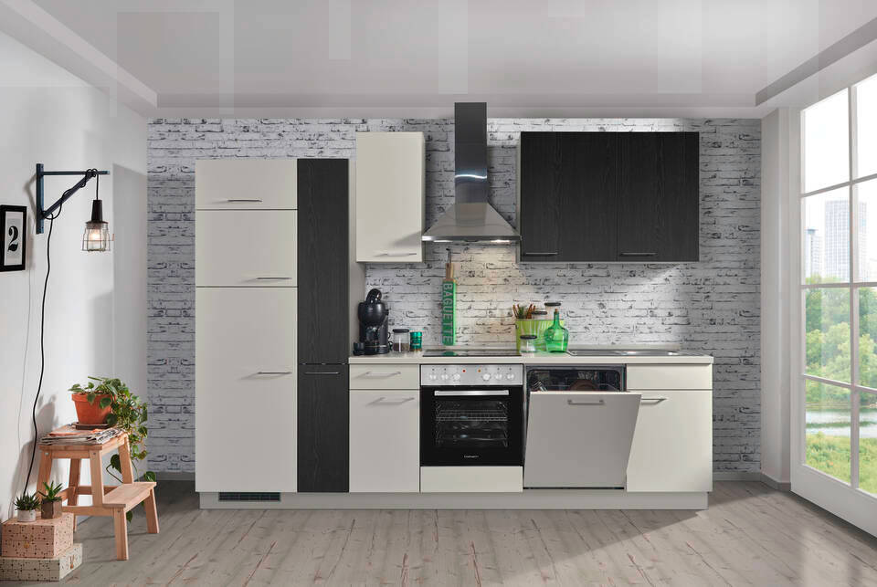 Express Küchenzeile mit Geräten in Hellgrau & Esche schwarz: 300 cm, Spüle rechts | Küchenblock "EXK390-6-1-r"