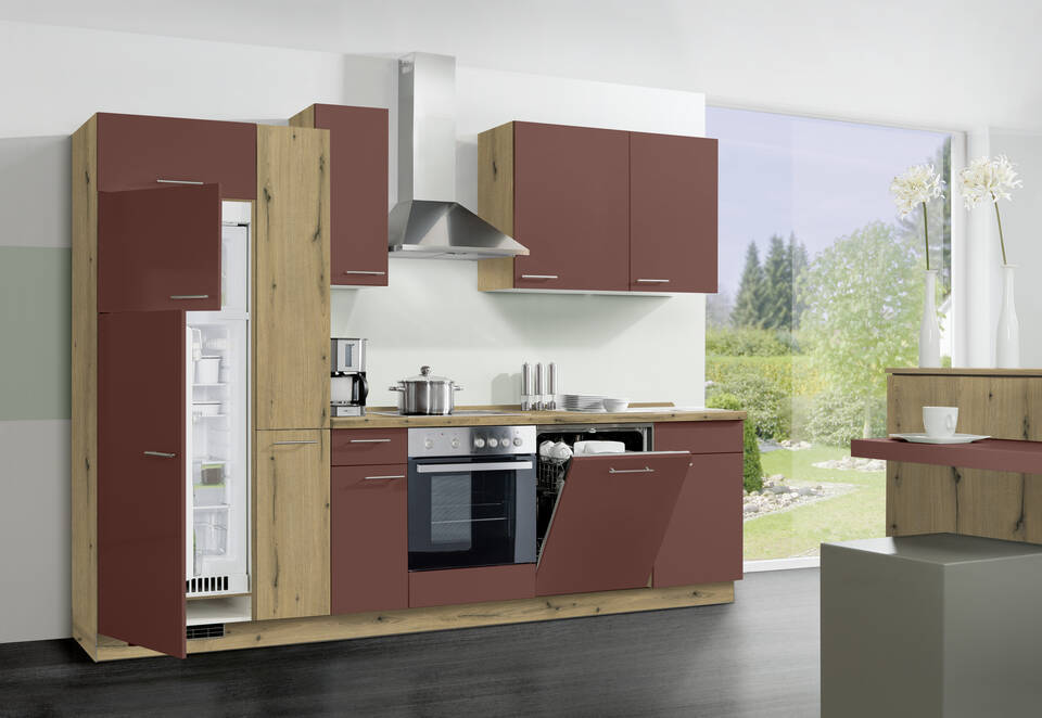 Express Küchenzeile mit Geräten in Karminrot & Eiche astig: 300 cm, Spüle rechts | Küchenblock "EXK390-3-1"
