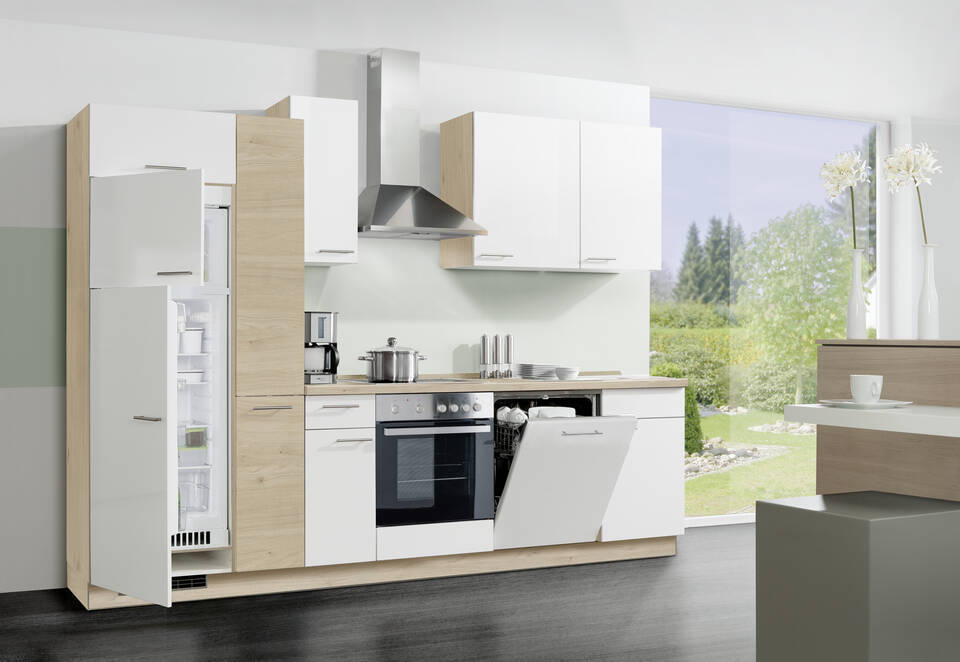 Express Küchenzeile mit Geräten in Weiß & Wildeiche: 300 cm, Spüle rechts | Küchenblock "EXK390-1-1"
