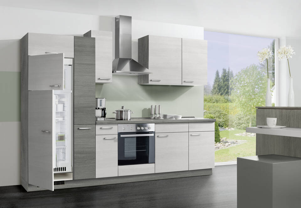 Express Küchenzeile mit Geräten in Eiche weiß & Eiche grau: 300 cm, Spüle rechts | Küchenblock "EXK400-2-1"