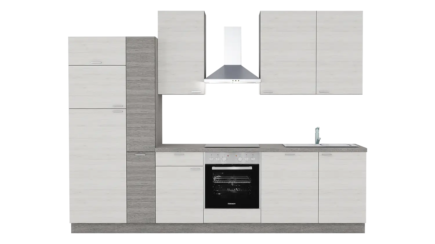 Express Küchenzeile mit Geräten in Eiche weiß & Eiche grau: 310 cm, Spüle rechts | Küchenblock "EXK410-1-1-r"