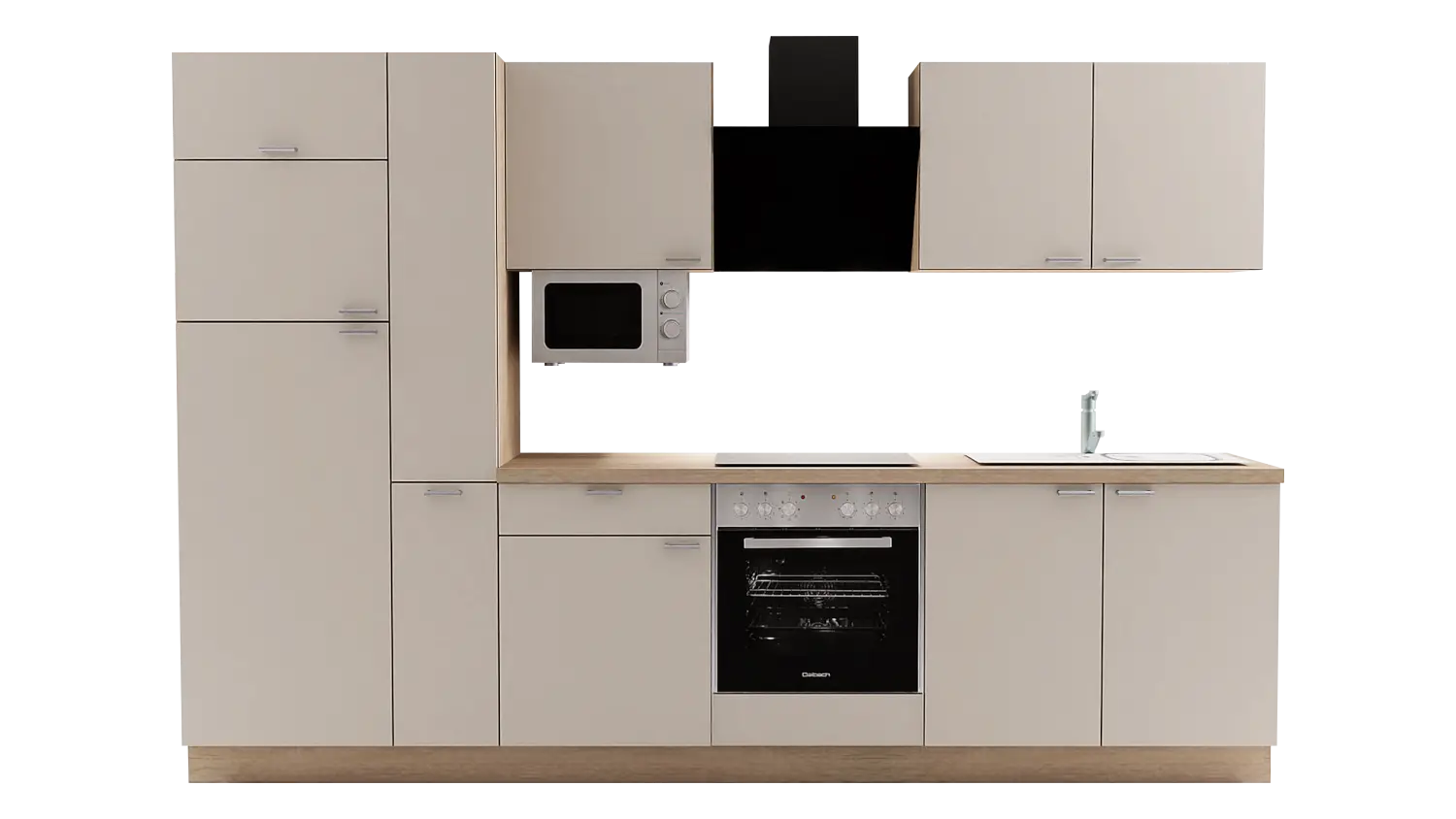 Express Küchenzeile mit Geräten in Crema & Bergeiche: 310 cm, Spüle rechts | Küchenblock "EXK420-2-1-r"
