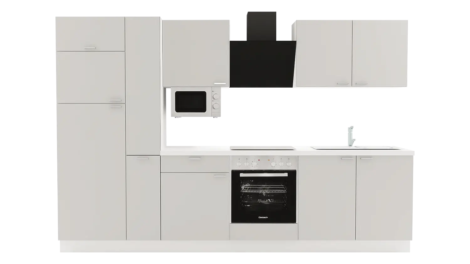 Express Küchenzeile mit Geräten in Hellgrau & Weiß: 310 cm, Spüle rechts | Küchenblock "EXK420-4-1-r"