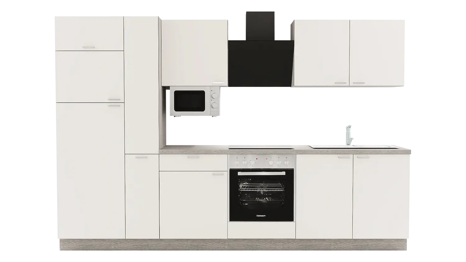 Express Küchenzeile mit Geräten in Magnolia & Eiche grau: 310 cm, Spüle rechts | Küchenblock "EXK420-1-1-r"
