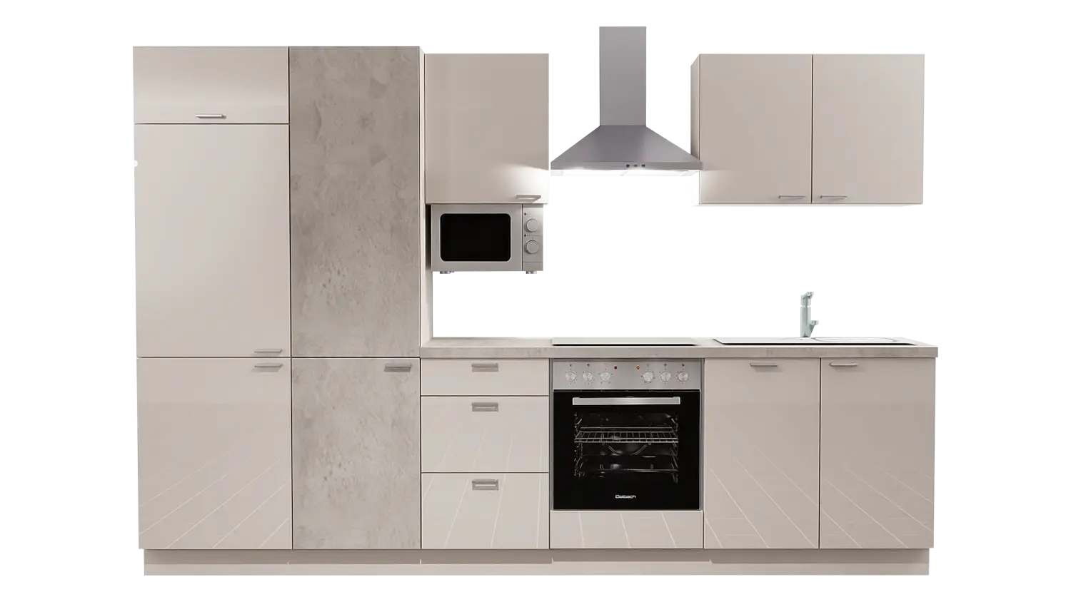 Express Küchenzeile mit Geräten in Magnolia Hochglanz & Beton hell: 310 cm, Spüle rechts | Küchenblock "EXK430-4-1-r"