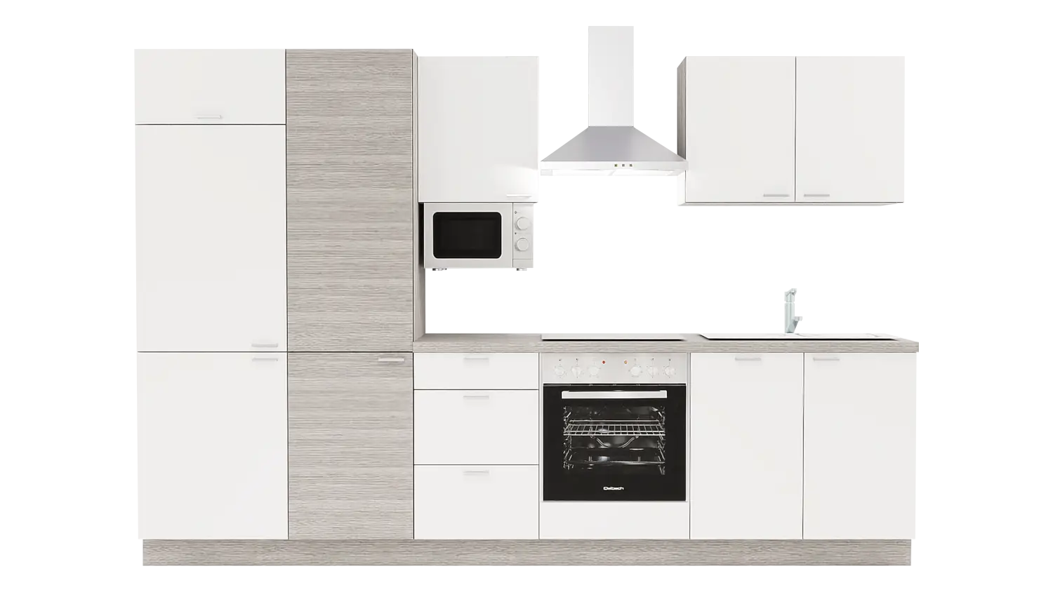 Express Küchenzeile mit Geräten in Weiß & Eiche grau: 310 cm, Spüle rechts | Küchenblock "EXK430-1-1-r"