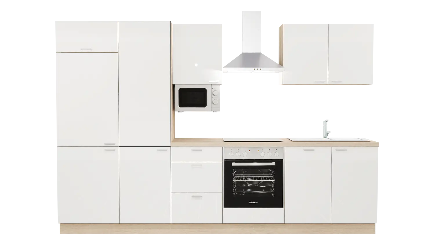Express Küchenzeile mit Geräten in Weiß Hochglanz & Bergeiche: 310 cm, Spüle rechts | Küchenblock "EXK430-3-1-r"