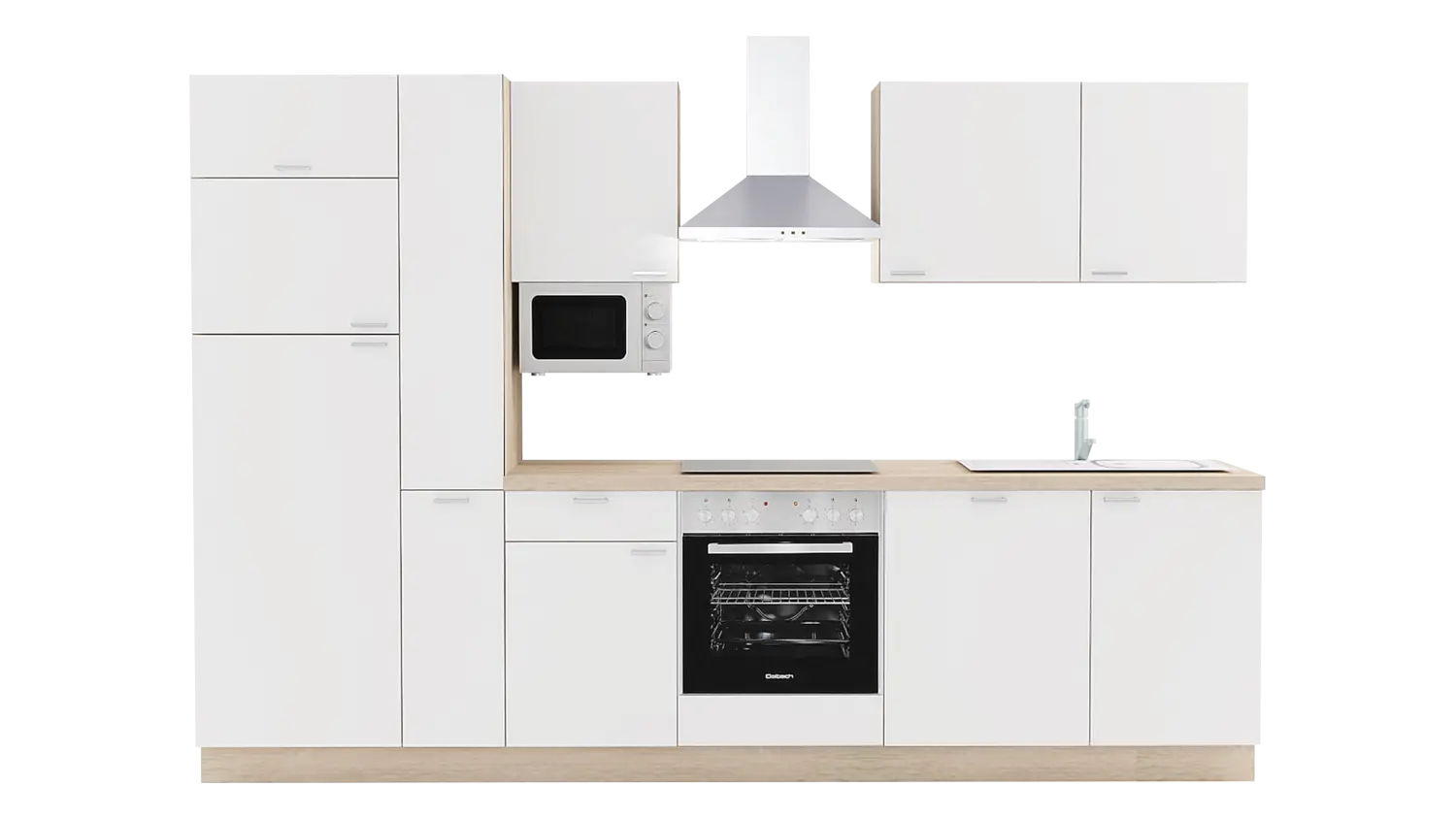 Express Küchenzeile mit Geräten in Weiß & Bergeiche: 310 cm, Spüle rechts | Küchenblock "EXK440-1-1-r"