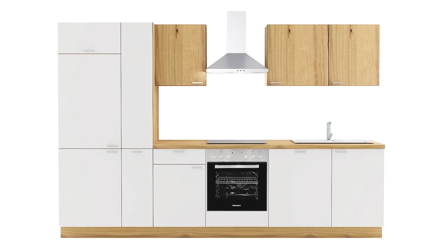 Express Küchenzeile mit Geräten in Weiß & Eiche astig: 310 cm, Spüle rechts | Küchenblock "EXK450-5-1-r"