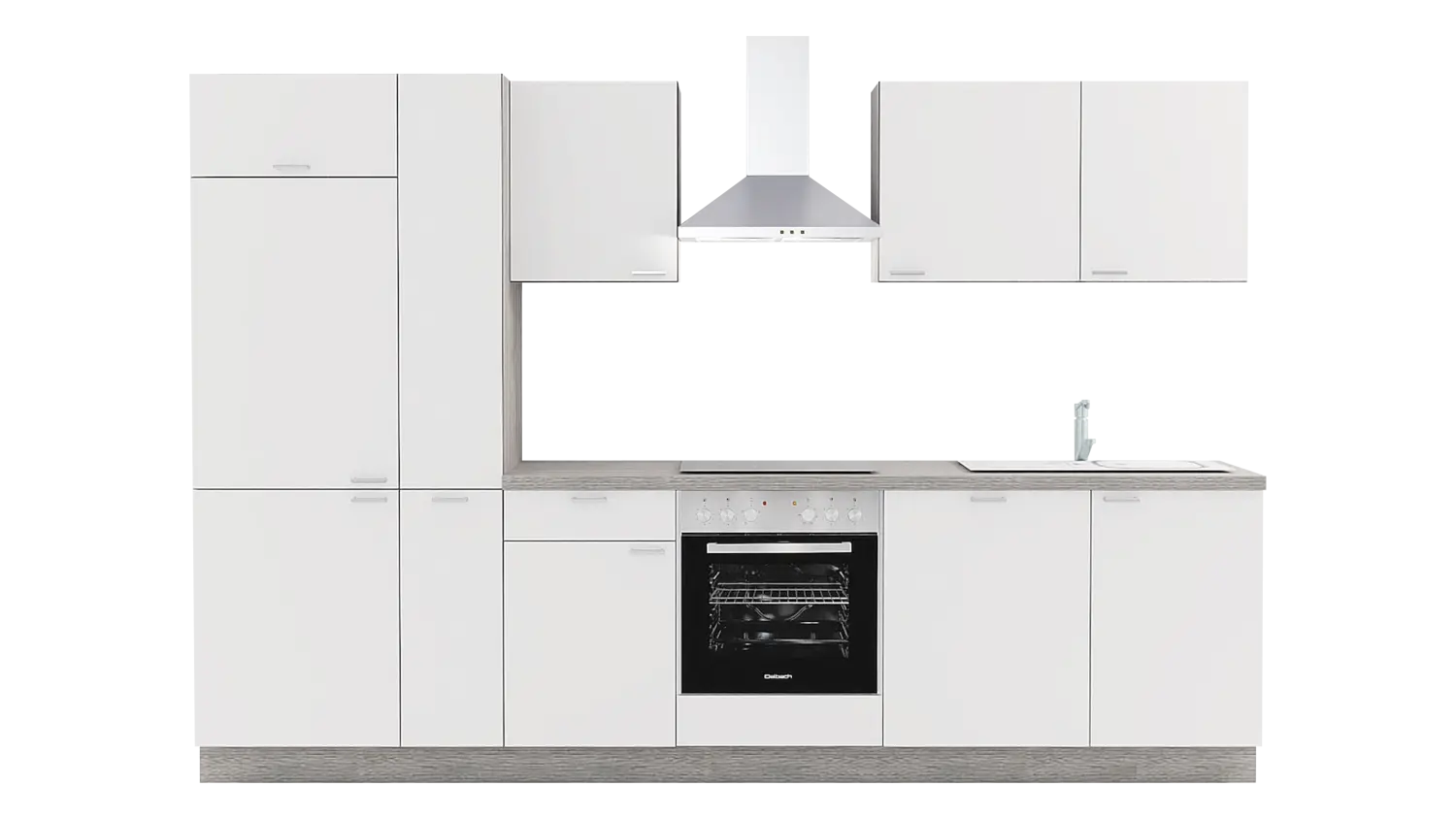 Express Küchenzeile mit Geräten in Weiß & Eiche grau: 310 cm, Spüle rechts | Küchenblock "EXK450-4-1-r"