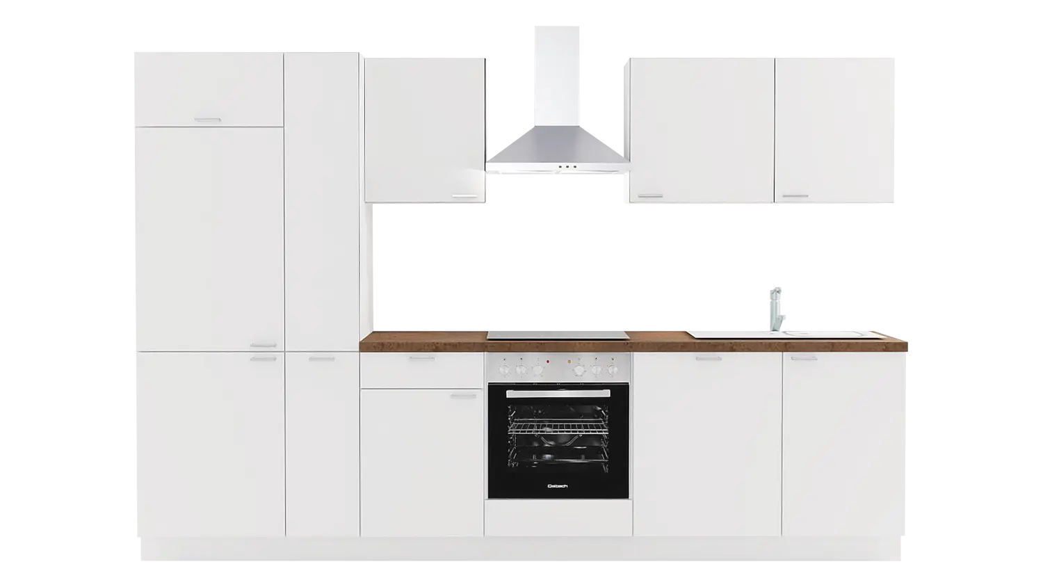 Express Küchenzeile mit Geräten in Weiß & Korthenstahl: 310 cm, Spüle rechts | Küchenblock "EXK450-2-1-r"