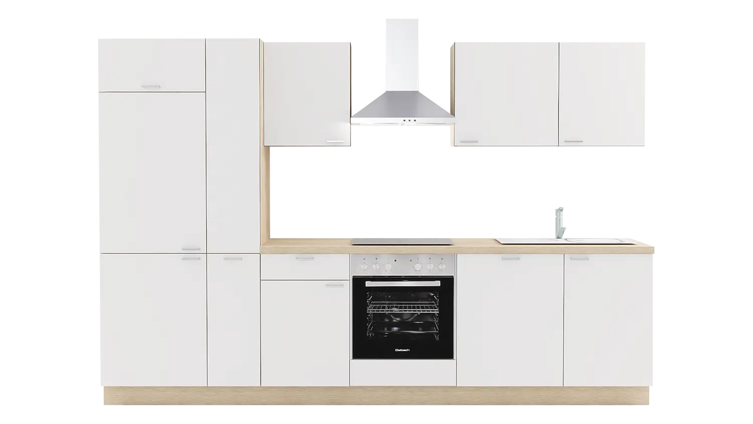 Express Küchenzeile mit Geräten in Weiß & Wildeiche: 310 cm, Spüle rechts | Küchenblock "EXK450-3-1-r"