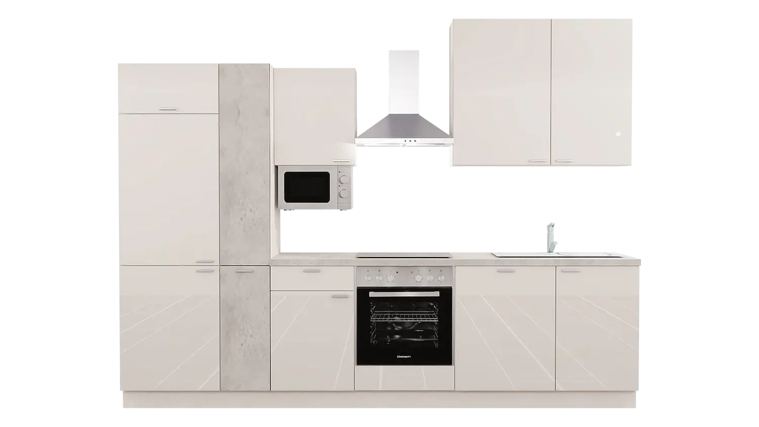 Express Küchenzeile mit Geräten in Magnolia Hochglanz & Beton hell: 310 cm, Spüle rechts | Küchenblock "EXK460-2-1-r"