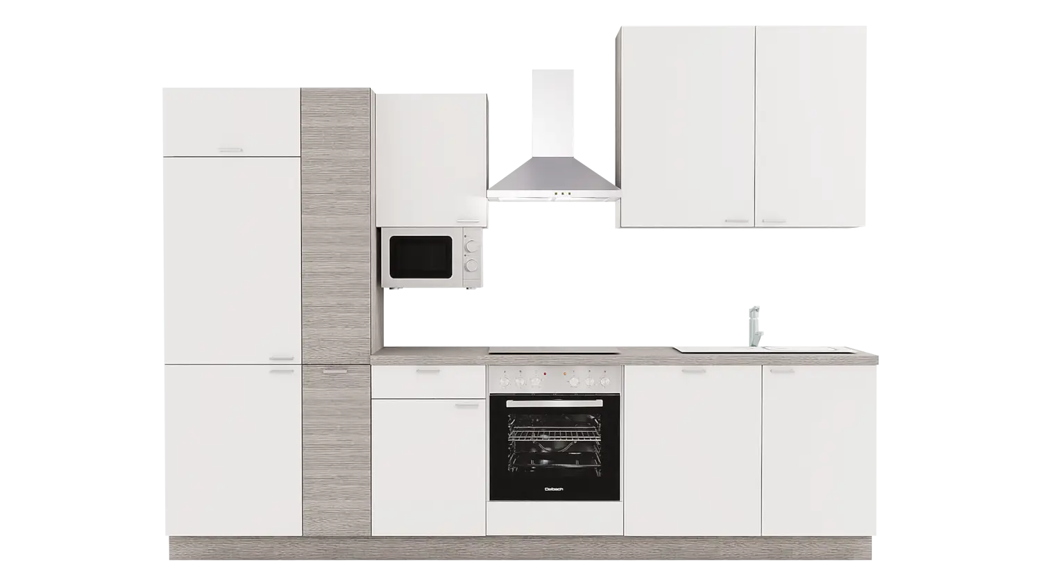 Express Küchenzeile mit Geräten in Weiß & Eiche grau: 310 cm, Spüle rechts | Küchenblock "EXK460-1-1-r"