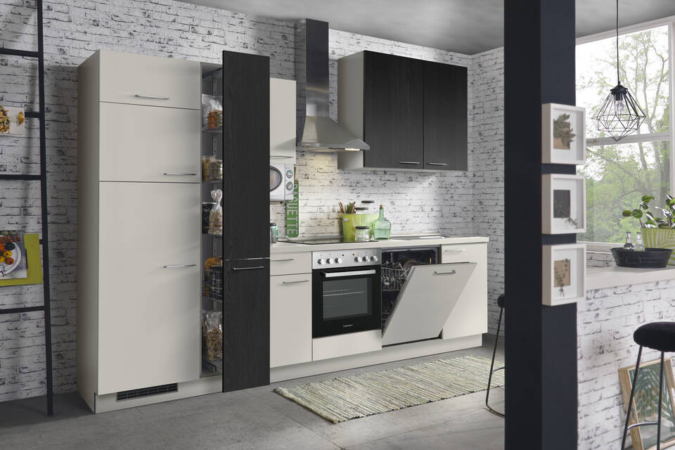 Express Küchenzeile mit Geräten in Hellgrau & Esche schwarz: 310 cm, Spüle rechts | Küchenblock "EXK470-2-1-r"