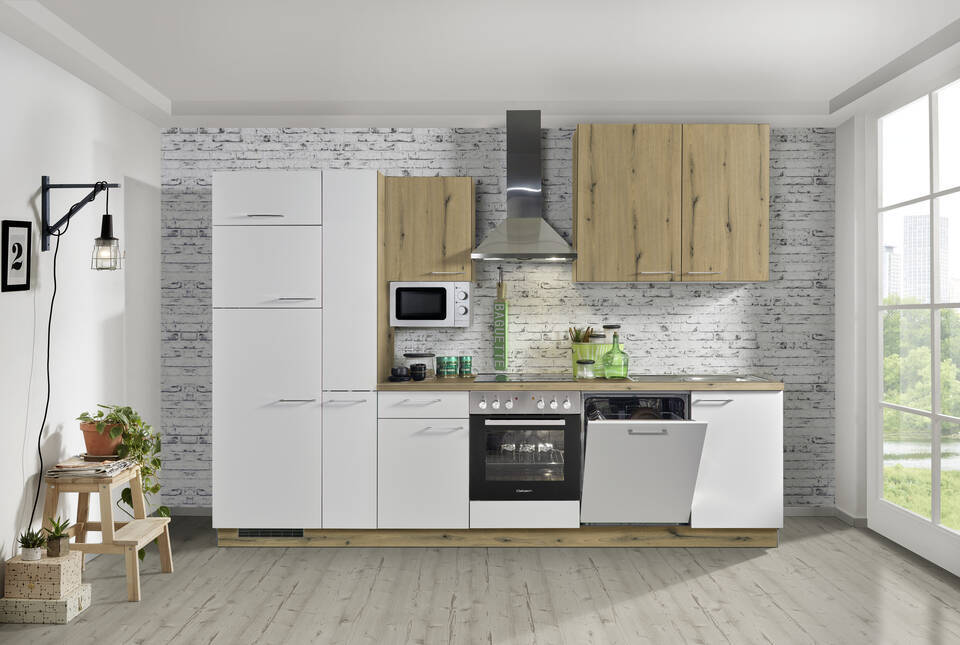 Express Küchenzeile mit Geräten in Weiß & Eiche astig: 310 cm, Spüle rechts | Küchenblock "EXK470-3-1-r"